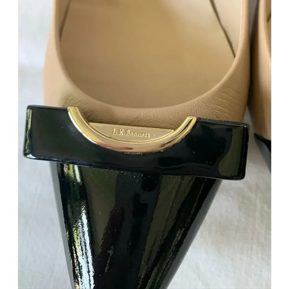 L.K. Bennett Roxy Trench black & tan Leather Heels Pumps Shoes sz 38